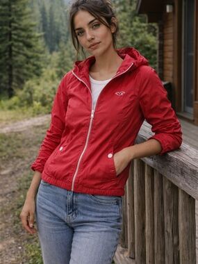 Hollister Coral Waterproof Jacket Hooded Women Outdoor Gorpcore Hiking Spring
